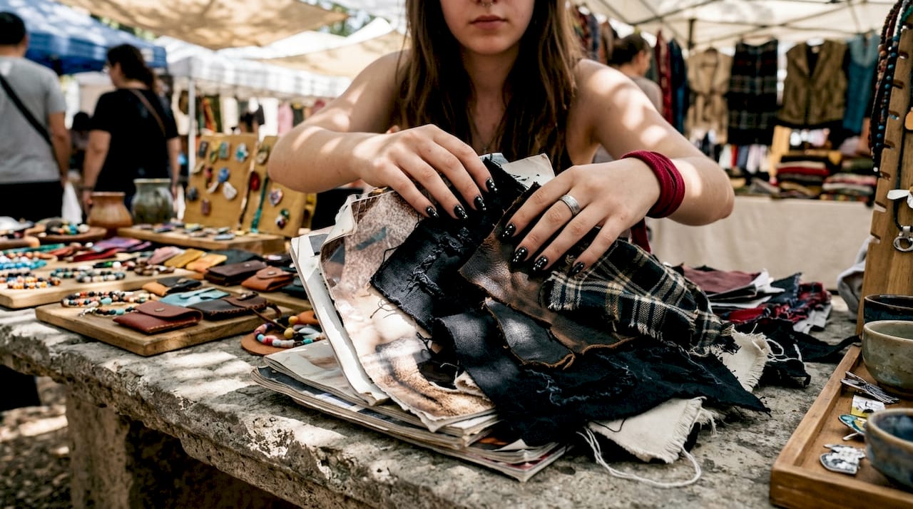 Close-up of hands handling fashion textiles and magazines
