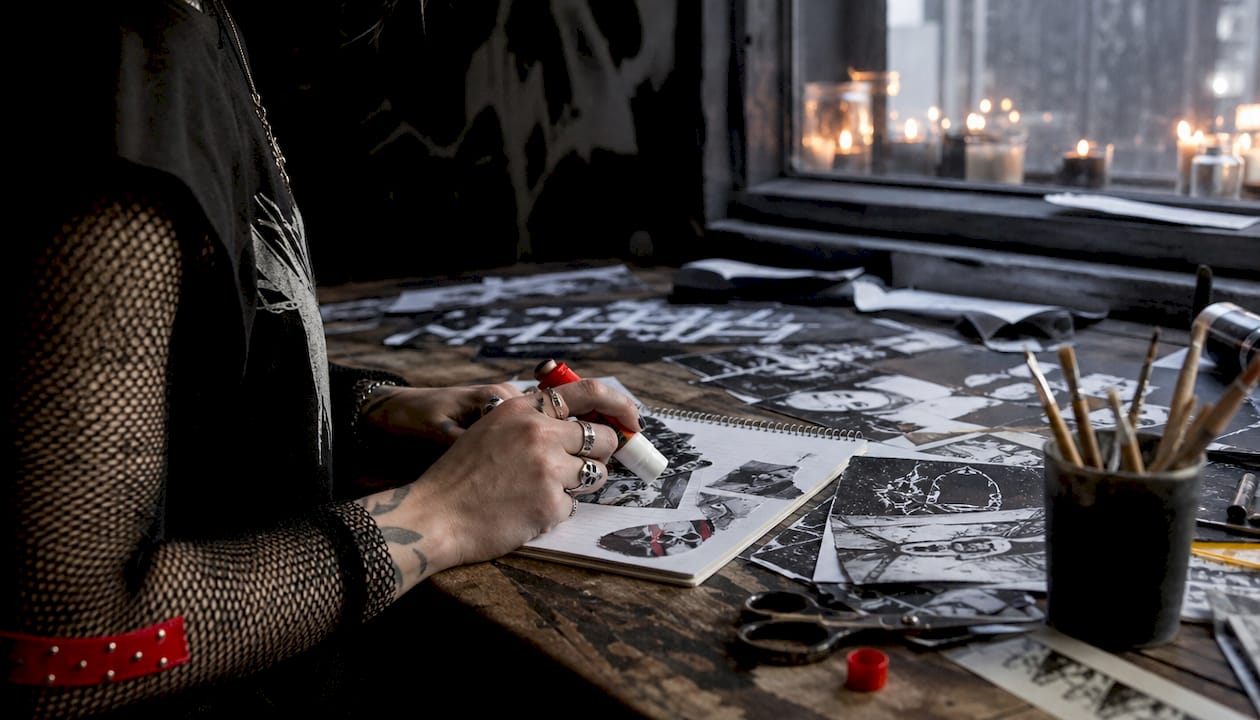 Hands actively making punk zine collage in studio