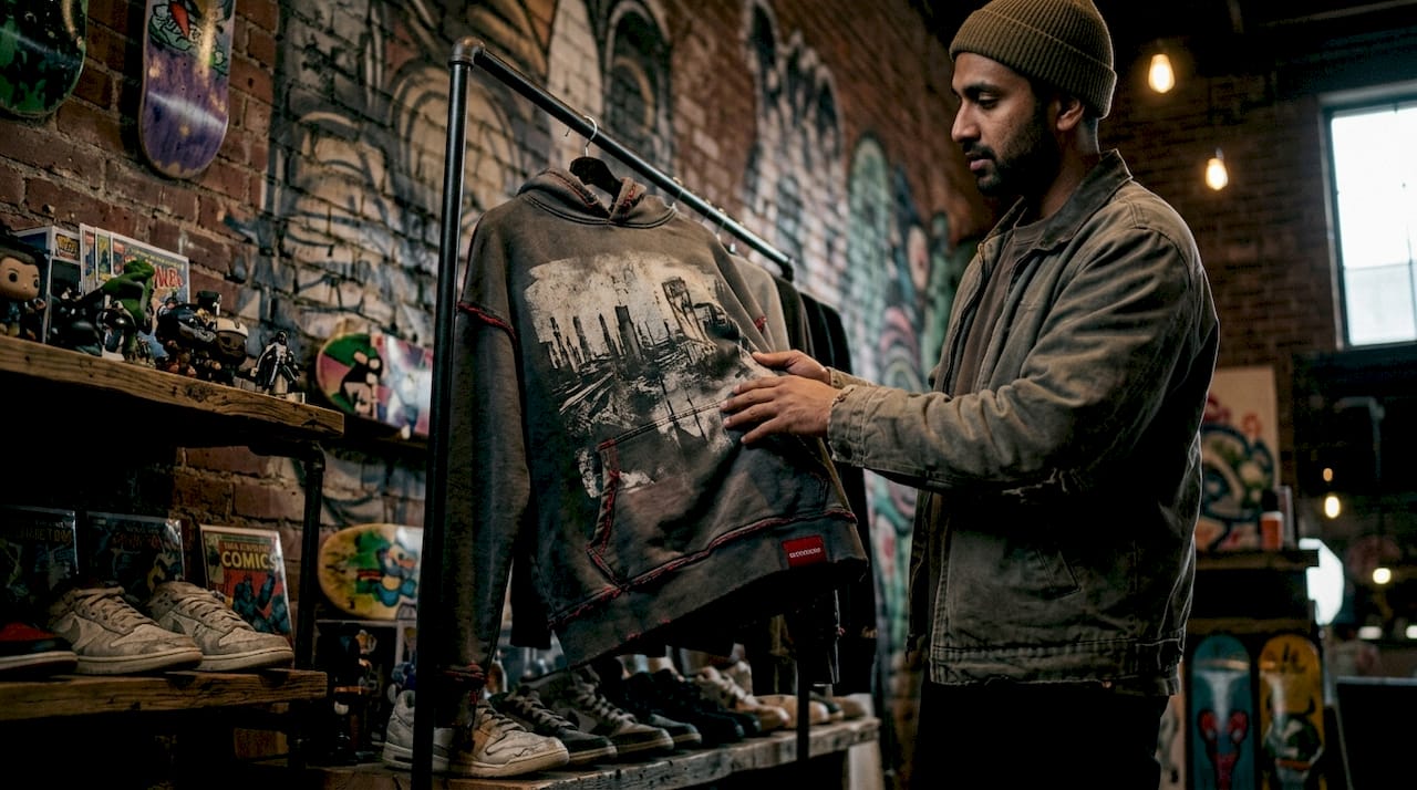 Man inspecting dystopian print gaming hoodie