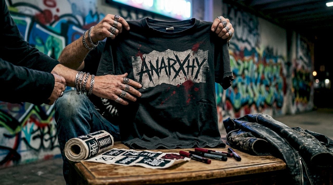 Hands holding vintage band t-shirt and patches