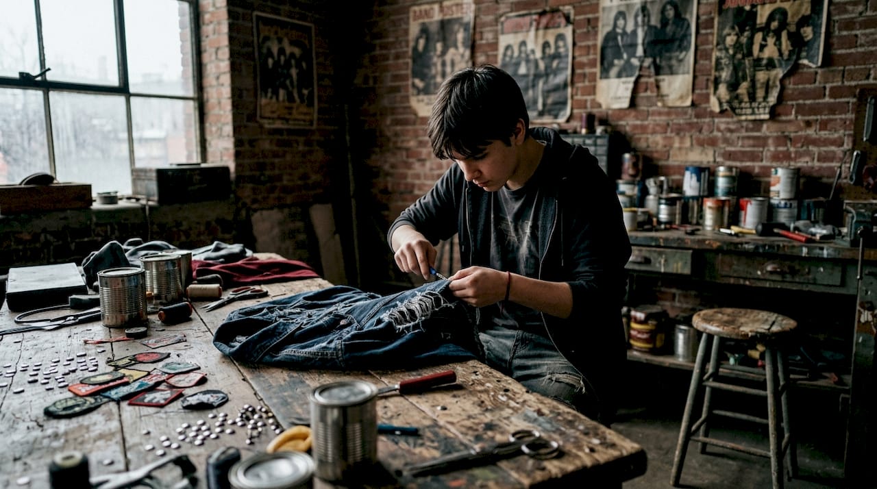 Hands distressing a punk denim jacket close-up