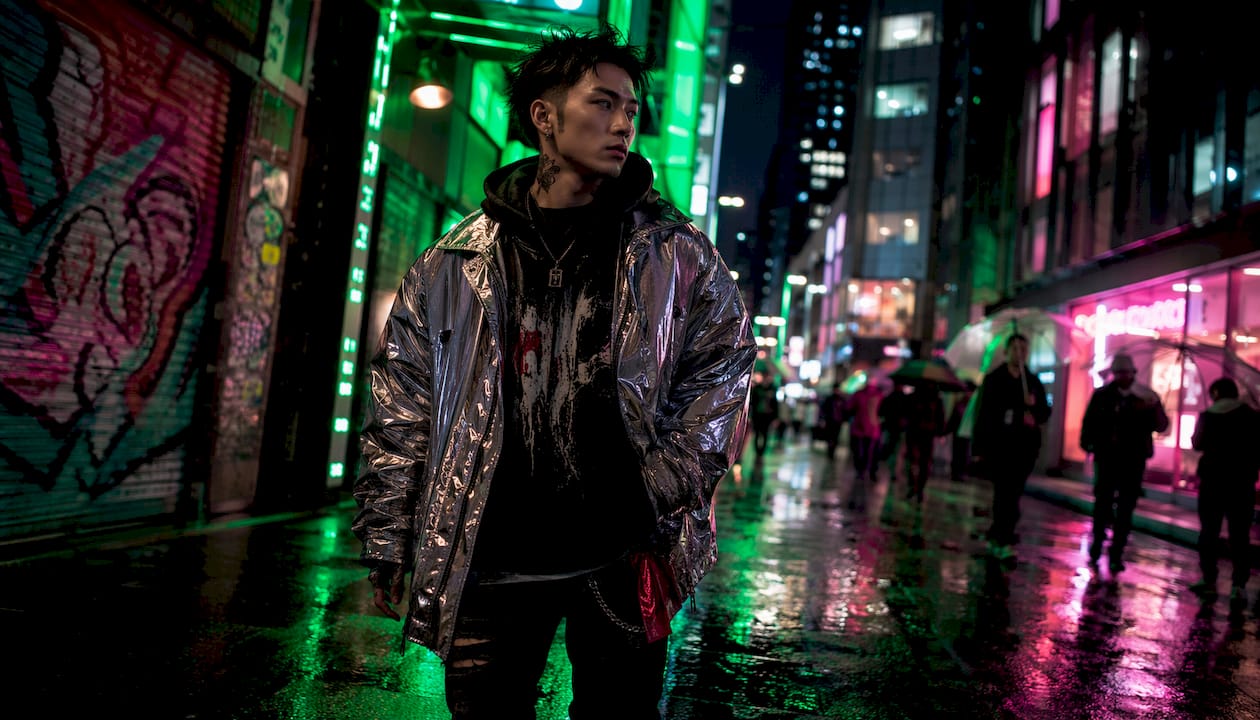 Side profile of man in neon cyberpunk streetwear