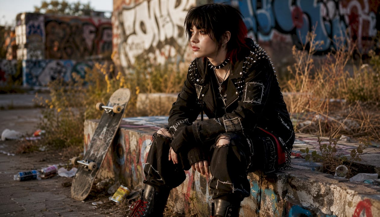 Youth in punk-style streetwear by graffiti wall