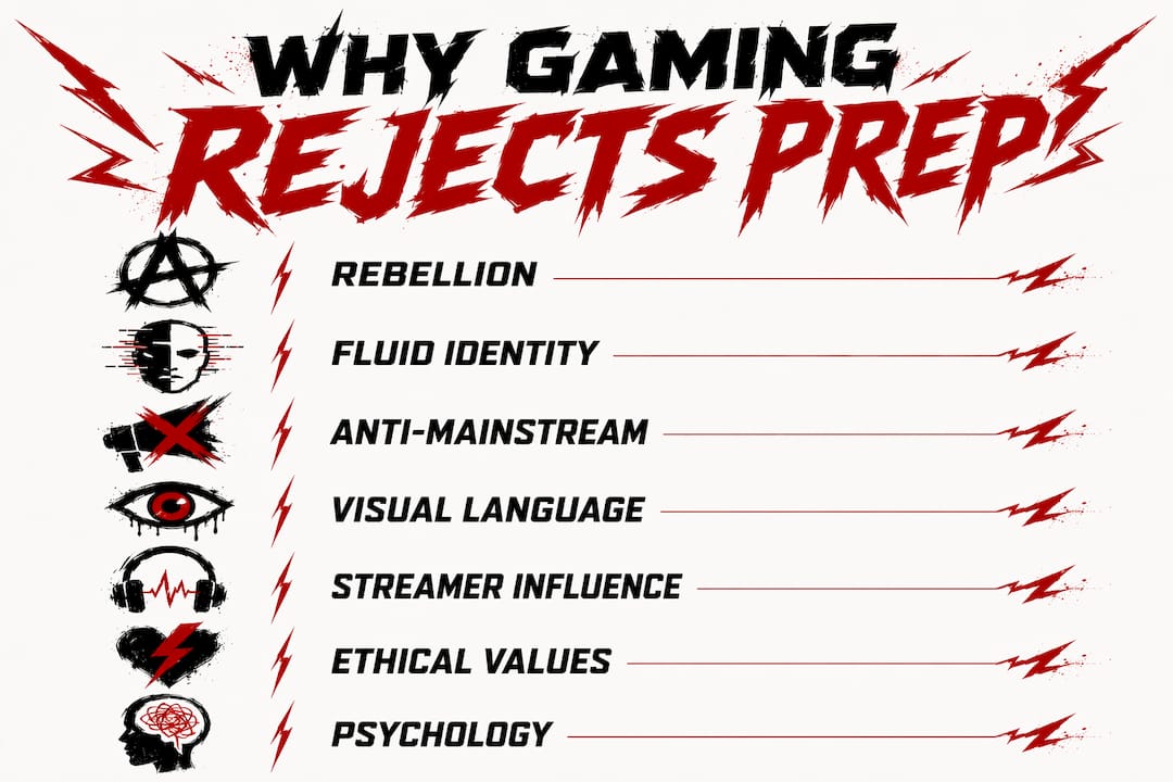 Infographic showing 7 reasons gaming rejects prep fashion