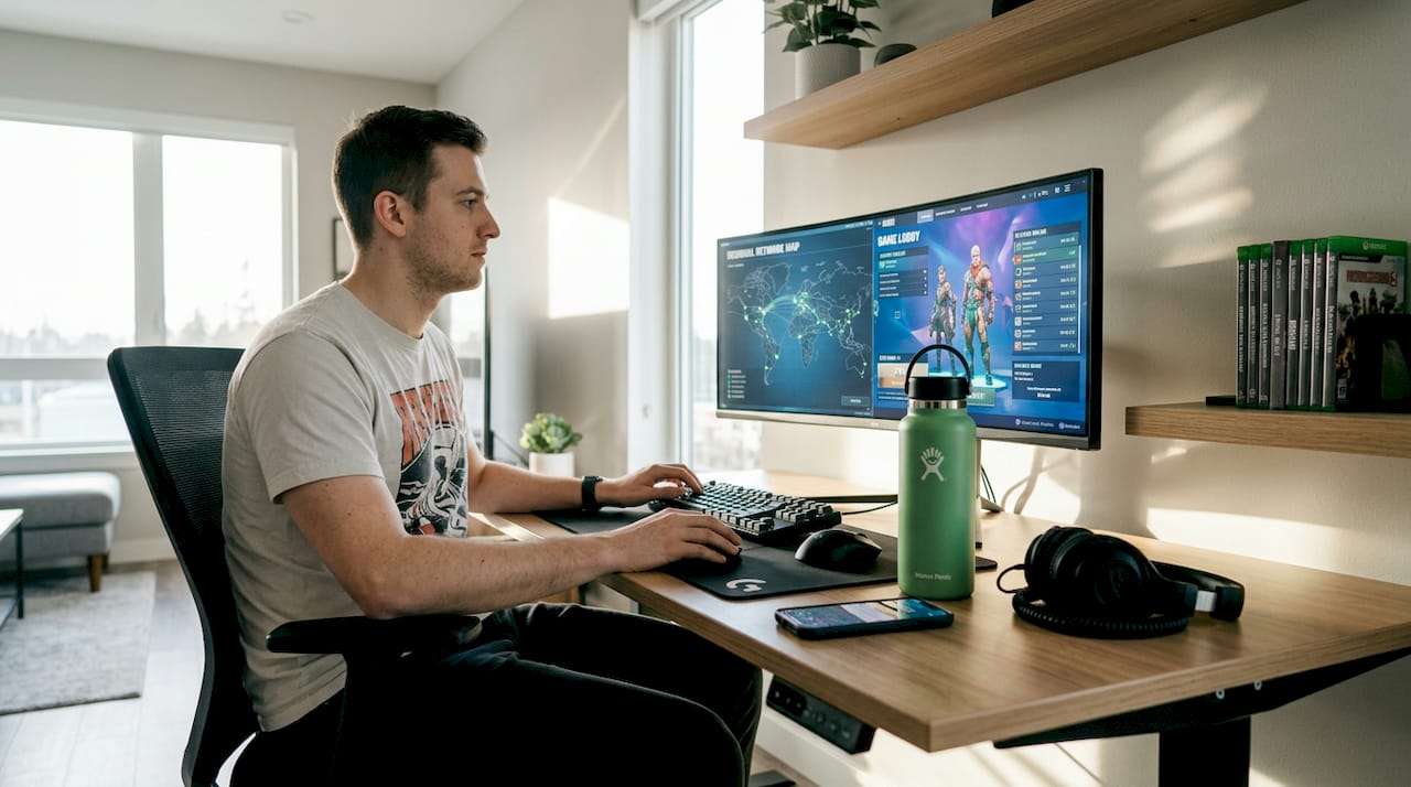Gamer at home viewing VPN and game on monitor