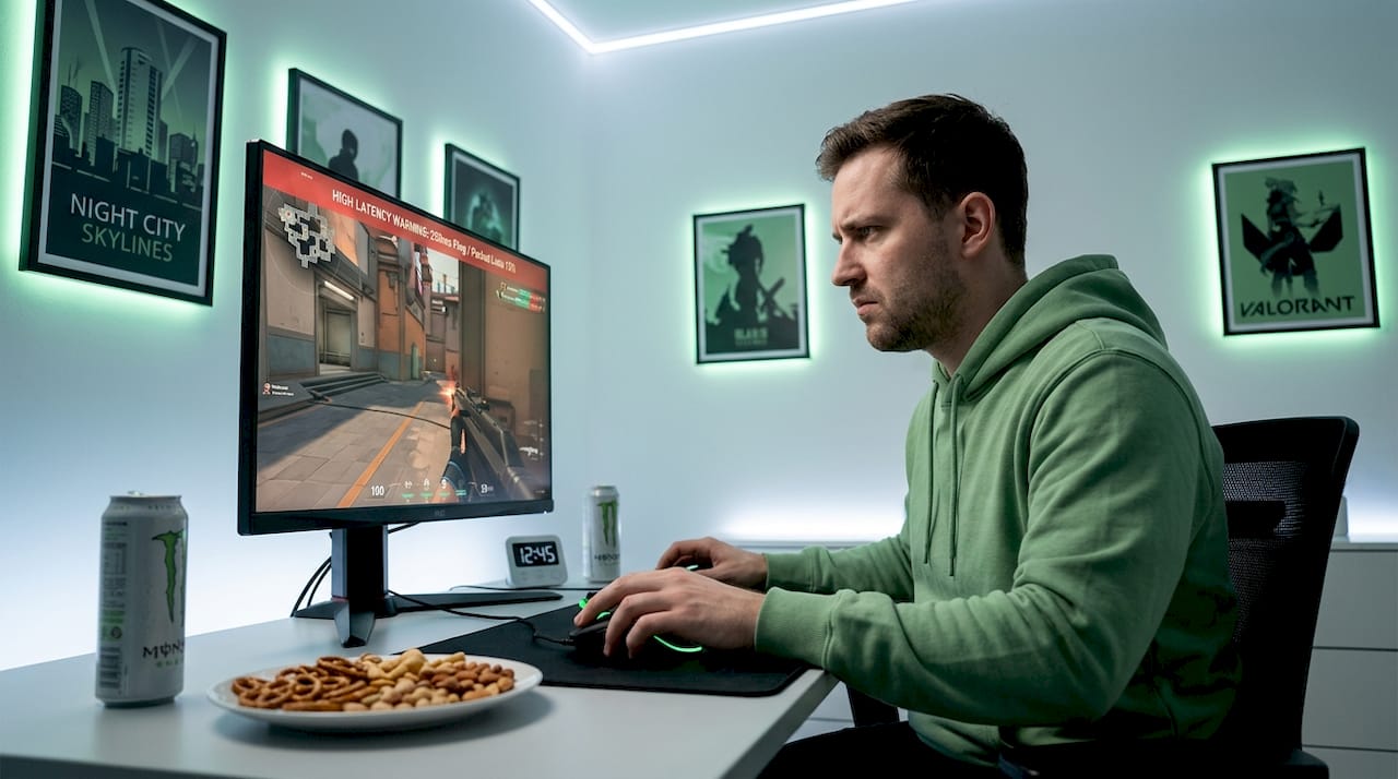 Gamer frustrated by lag at home desk