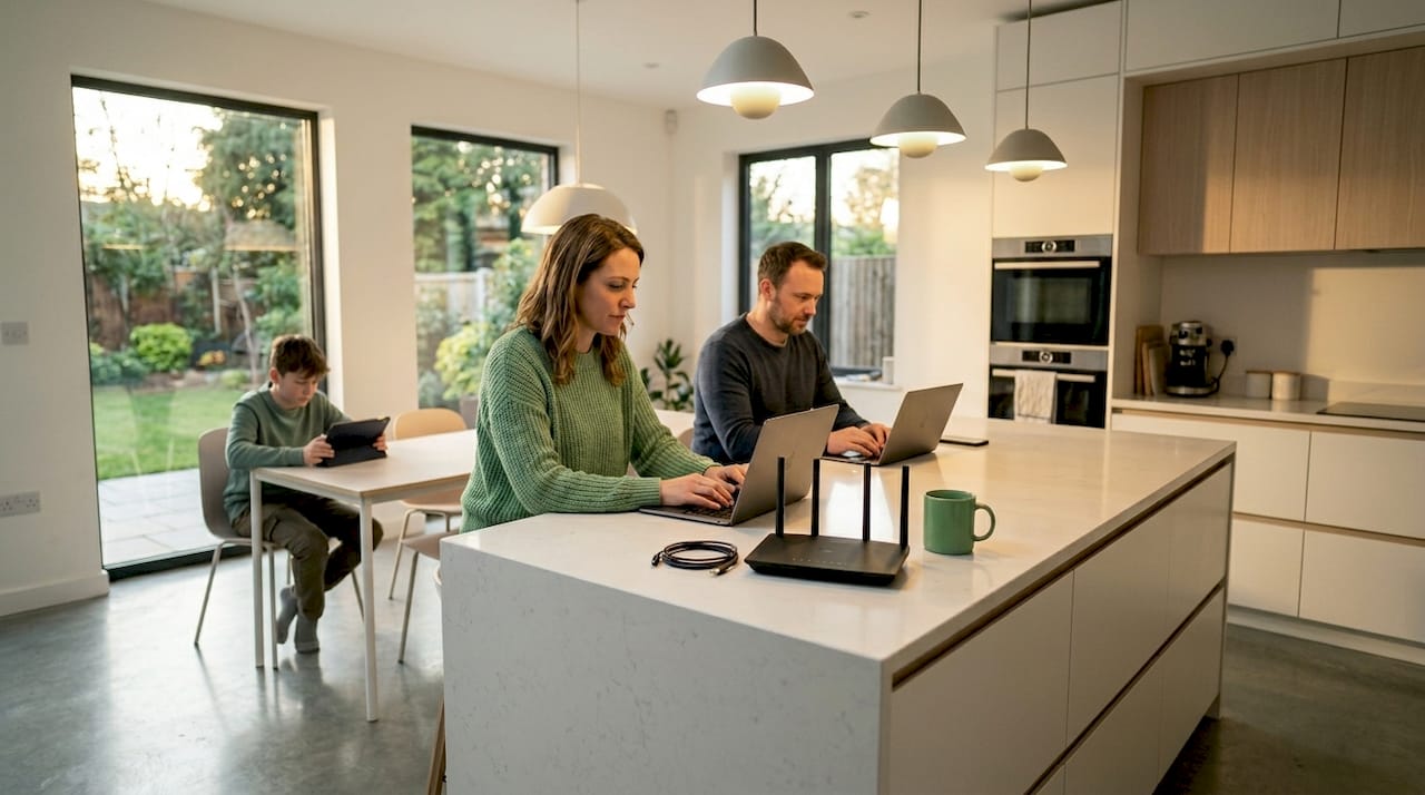 Family using broadband devices in evening living room
