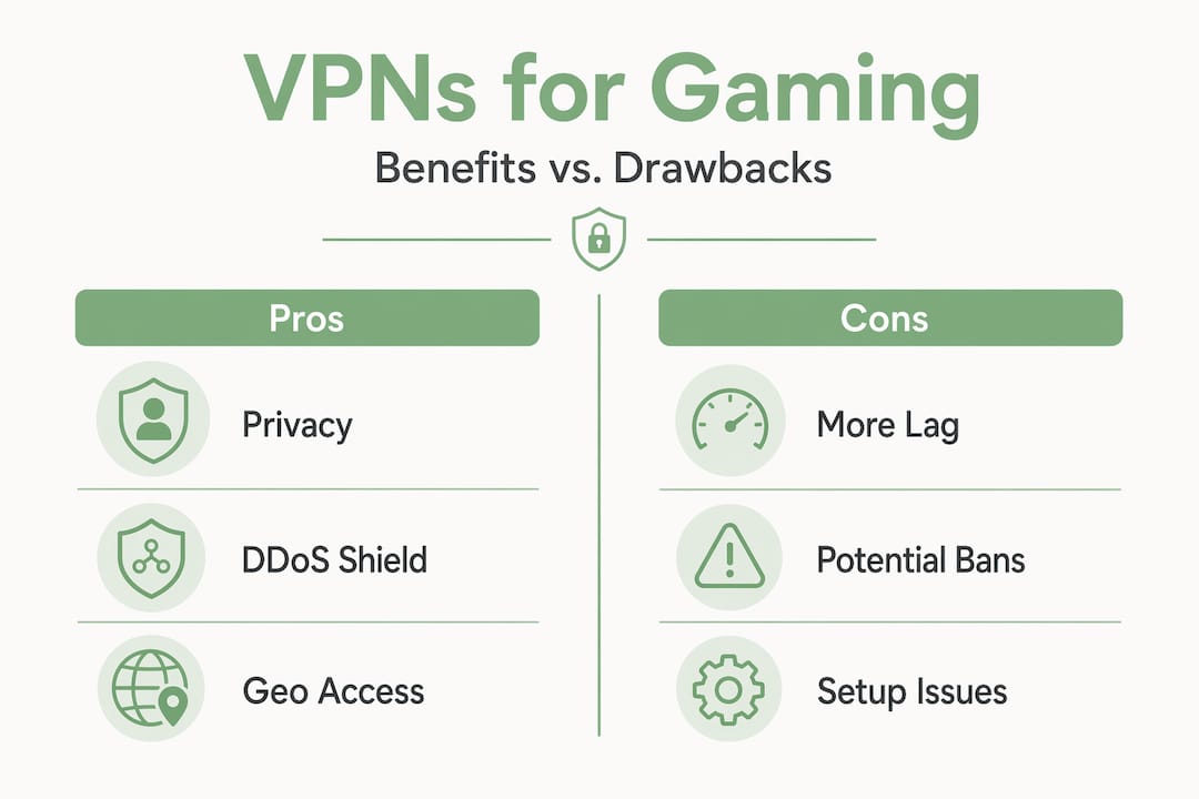 Infographic comparing gaming VPN benefits and drawbacks