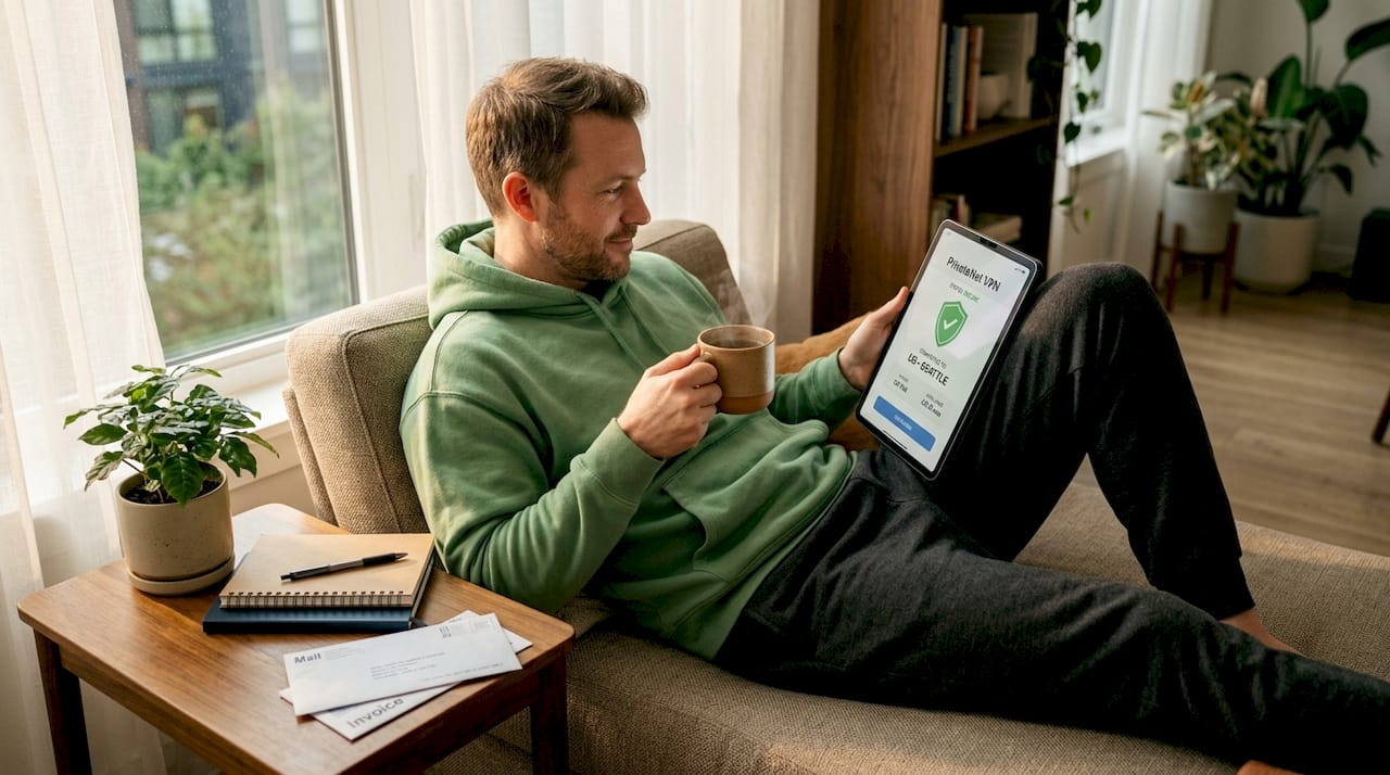 Man activates VPN for privacy at home