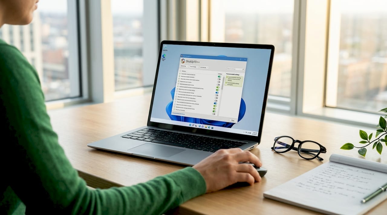 Laptop showing OO ShutUp10++ privacy controls