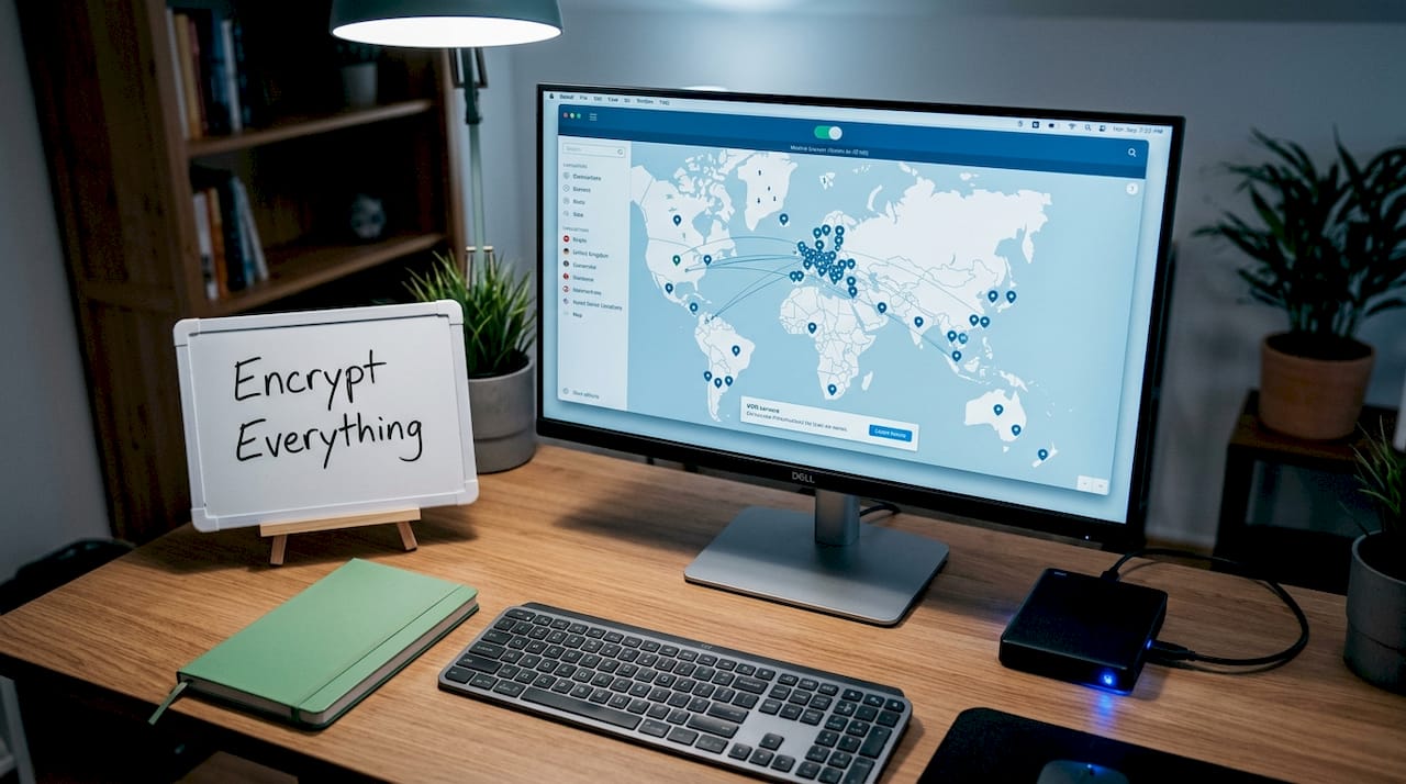 Desktop showing VPN servers and network map