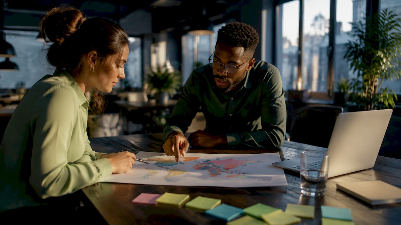 Hands exchanging VPN jurisdiction map in office