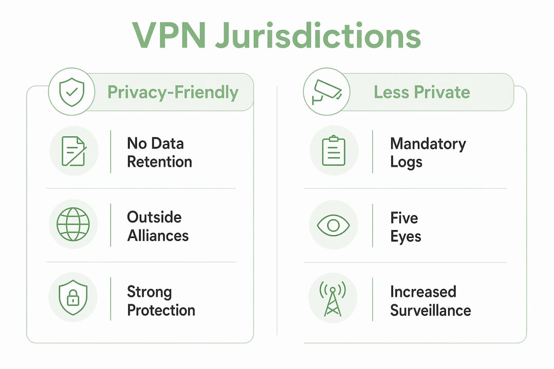 Infographic comparing VPN privacy-friendly versus less private jurisdictions