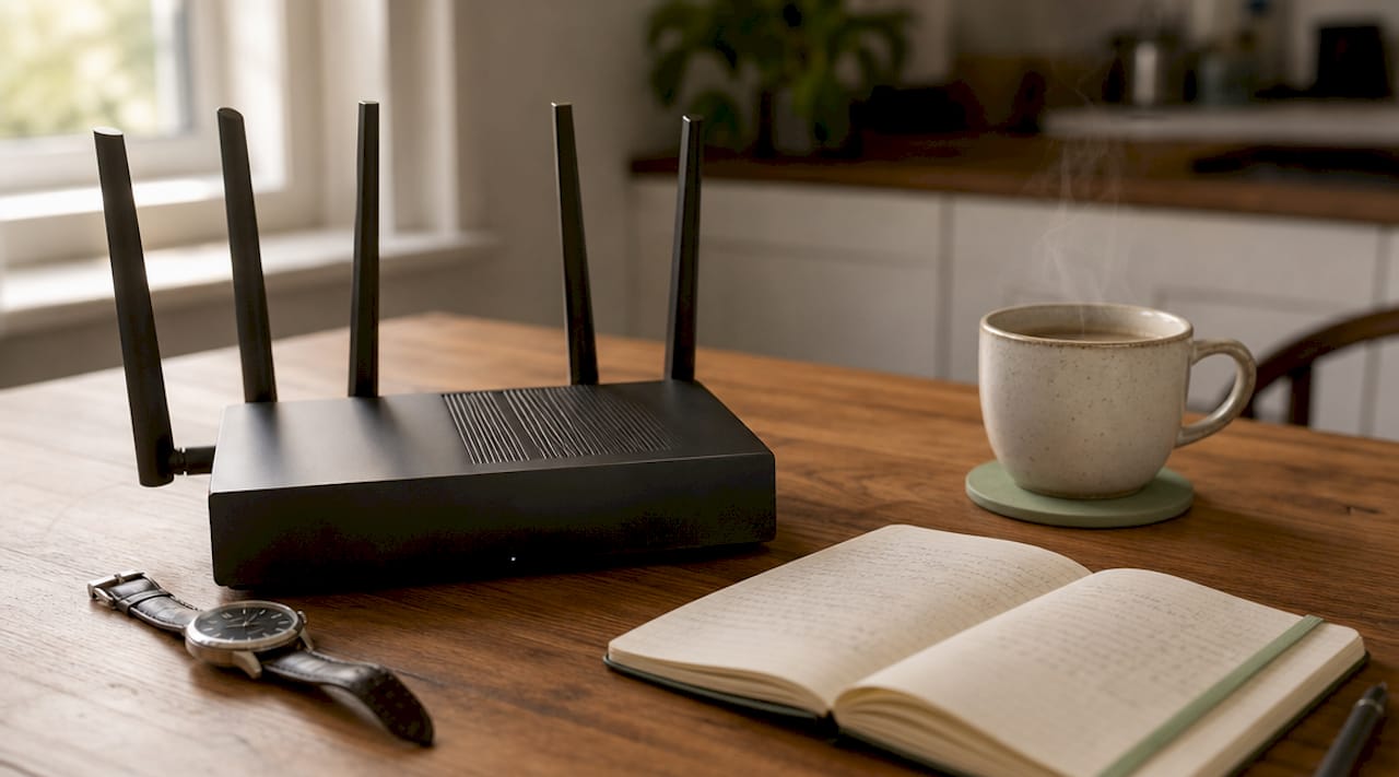 Flat lay of VPN router with travel items