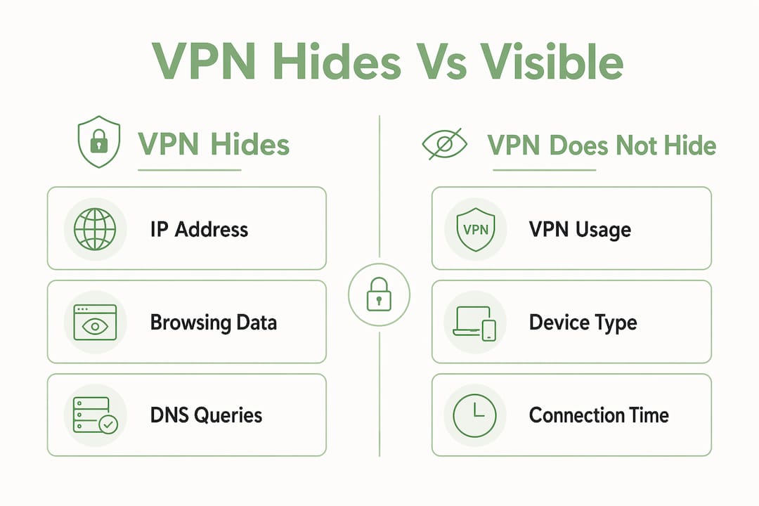 Infographic comparing what VPN hides and what remains visible