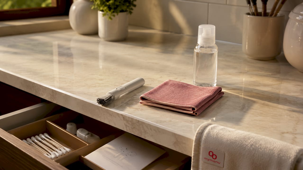Safe earbud cleaning tools on bathroom counter