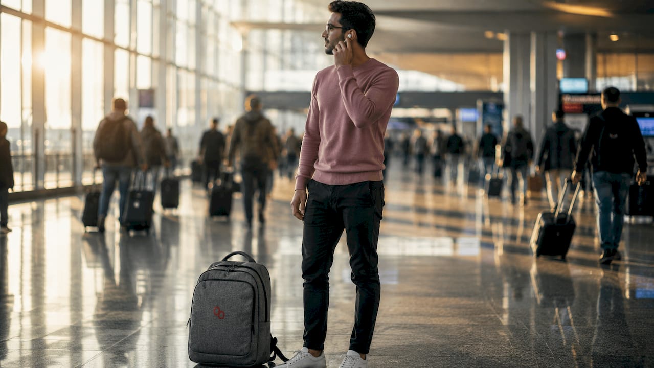 Hands removing one earbud in busy airport