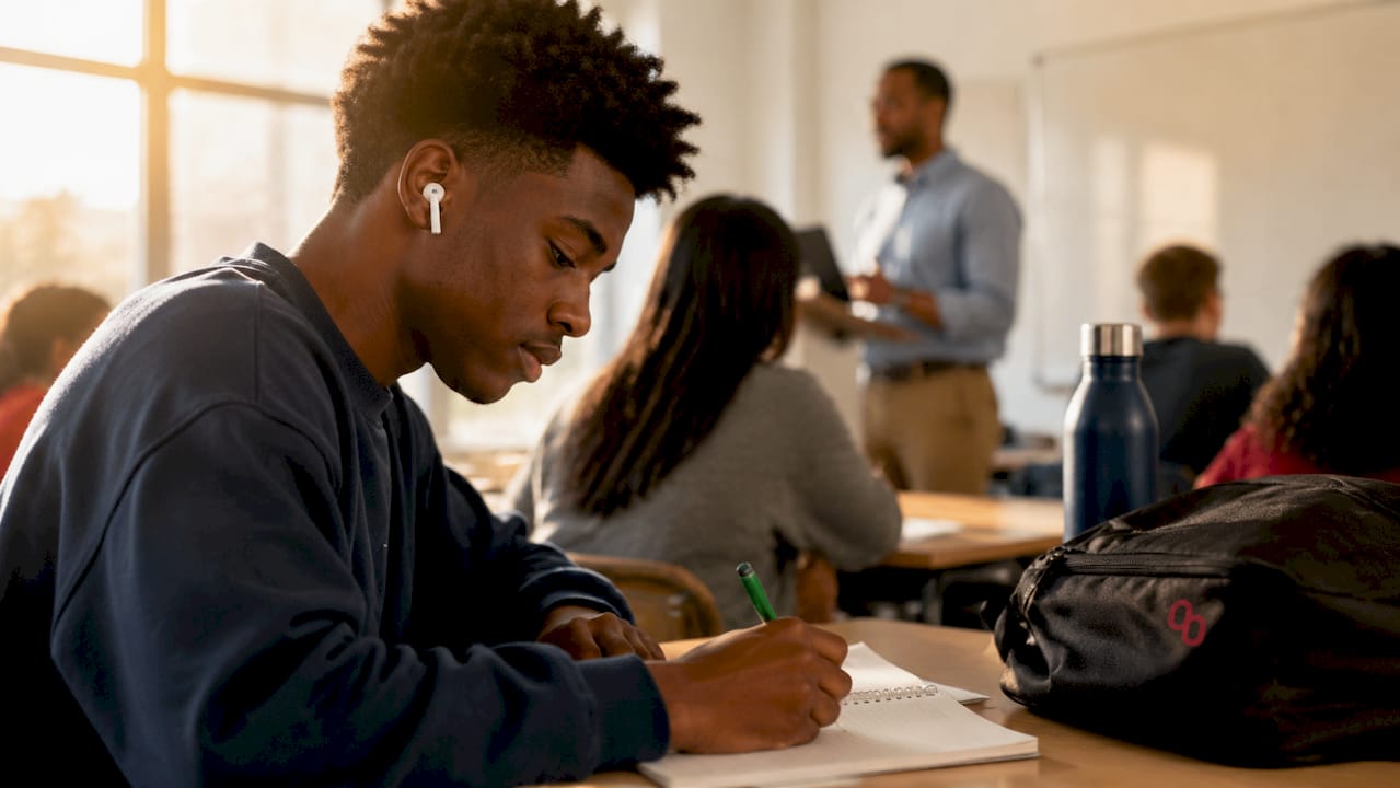 Student taking notes wearing translation earbuds