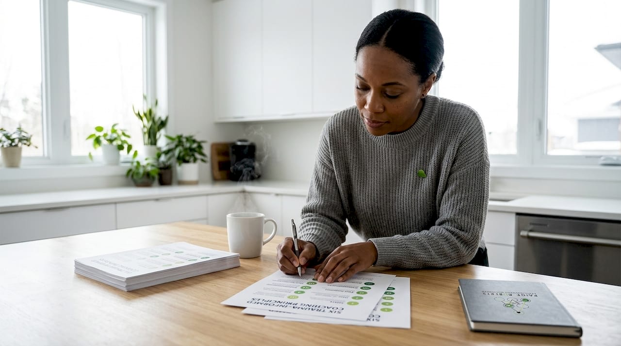 Coach reviewing trauma-informed principles in home office