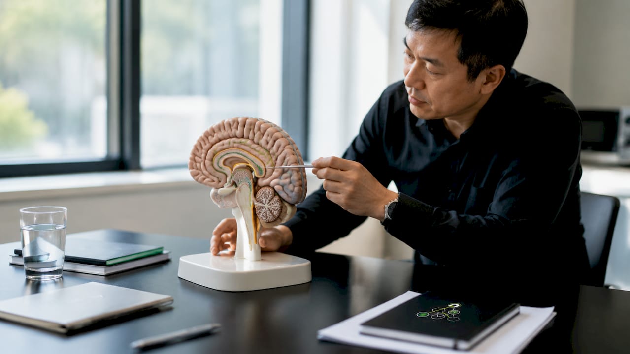 Close-up of brain model and researcher’s hands
