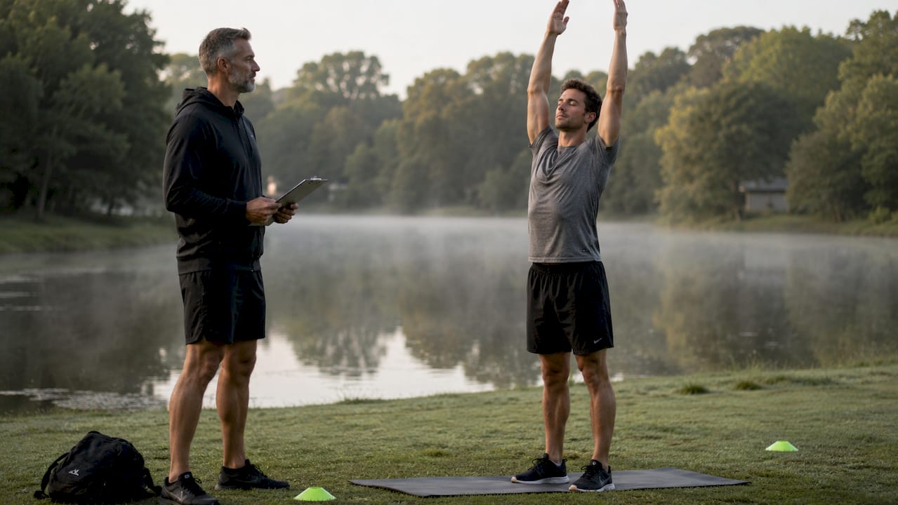 Coach observing athlete performing mindfulness outdoors