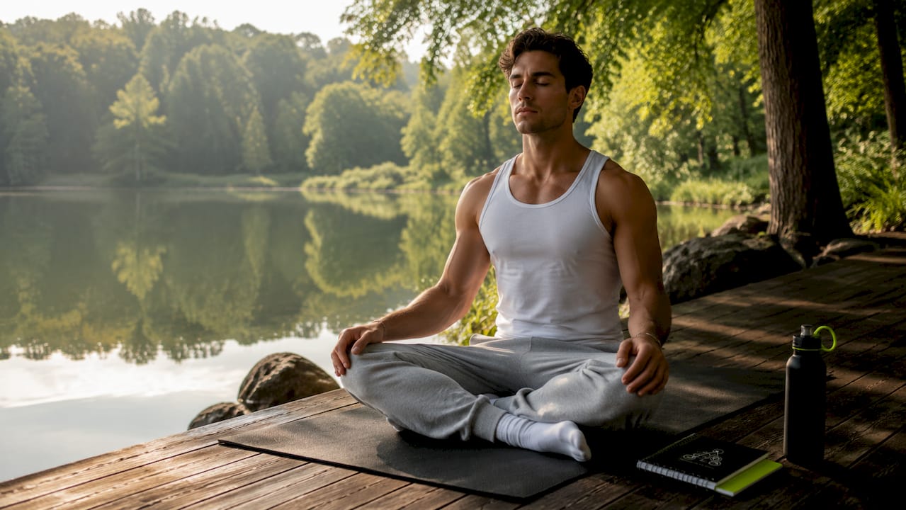 Male athlete practicing paced breathing on yoga mat