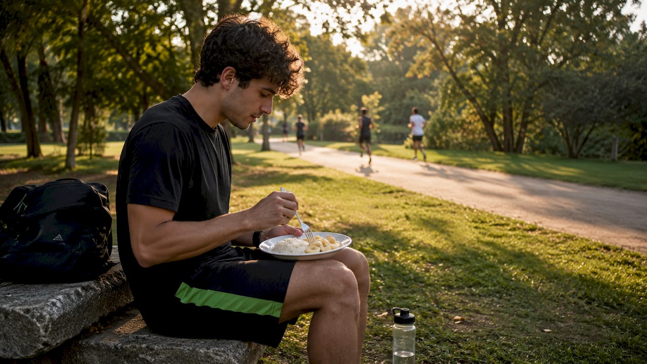 Athlete eating pre-competition meal at kitchen table