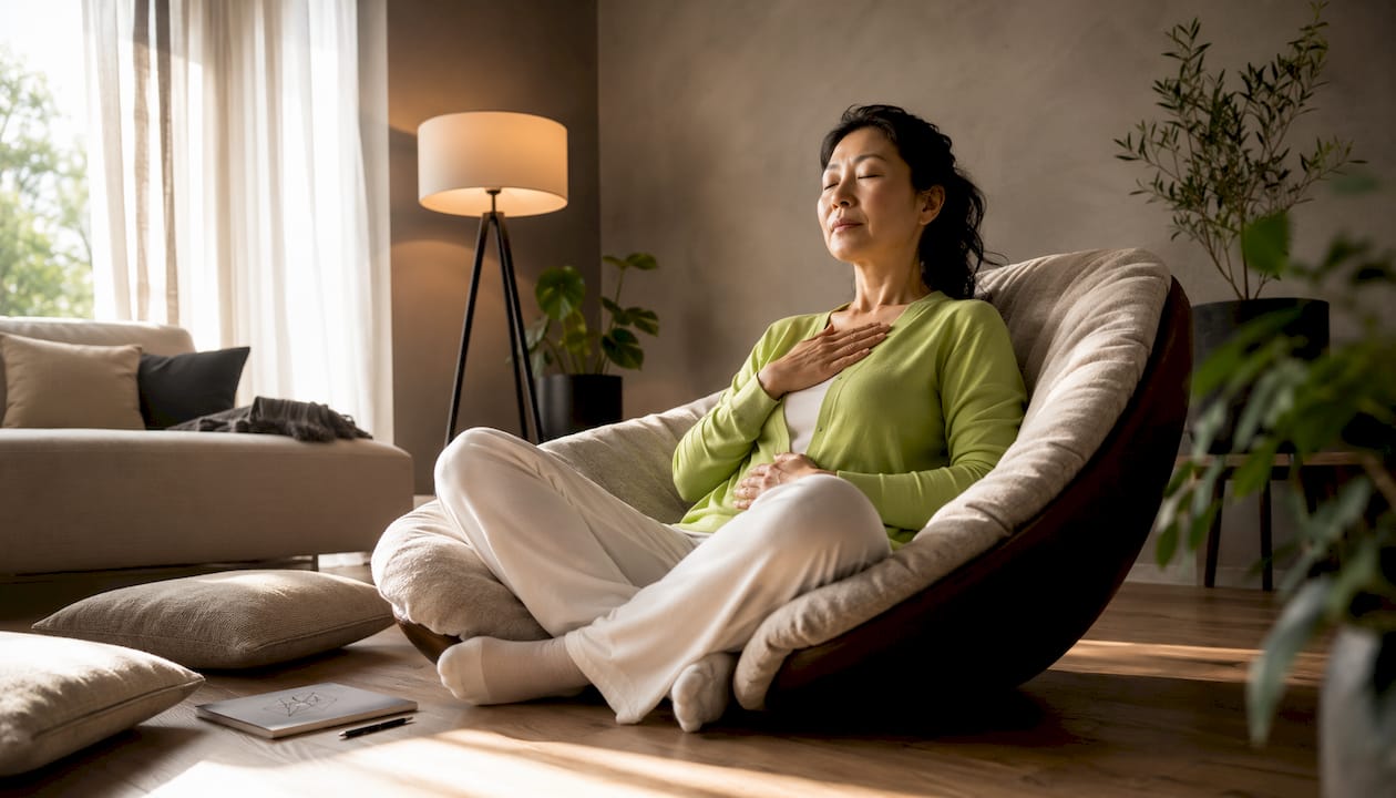 Woman practicing breathing exercises indoors
