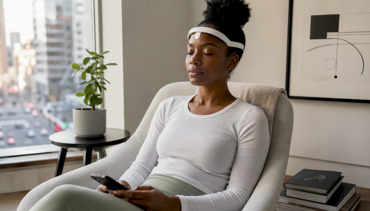 Woman meditating with EEG headband indoors
