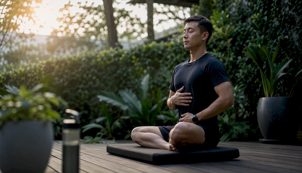 Athlete doing focused breathing exercise