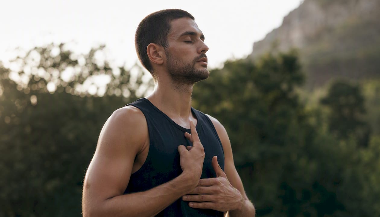 Athlete hands performing breath control exercise