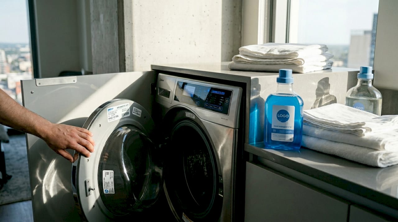 Hands checking washer model sticker