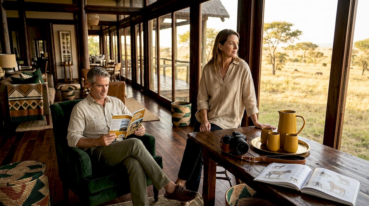 Travelers relaxing in luxury safari lodge common area
