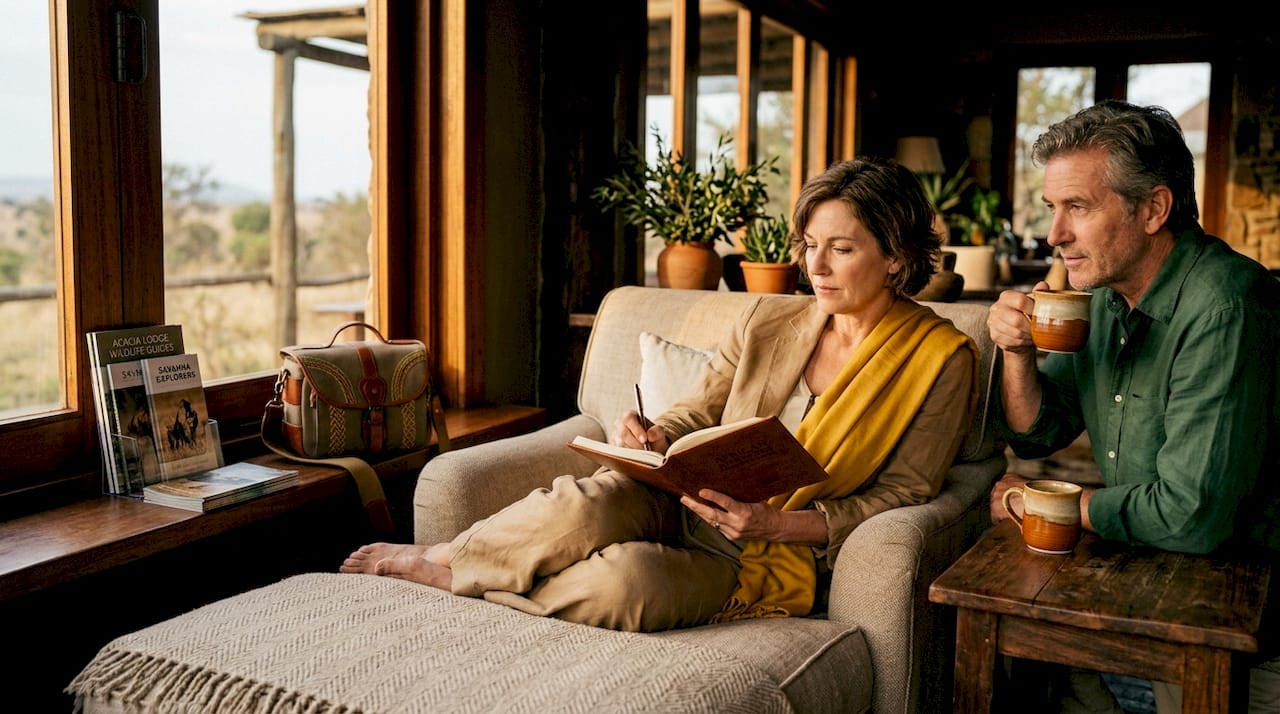 Travelers relaxing in private safari lodge lounge