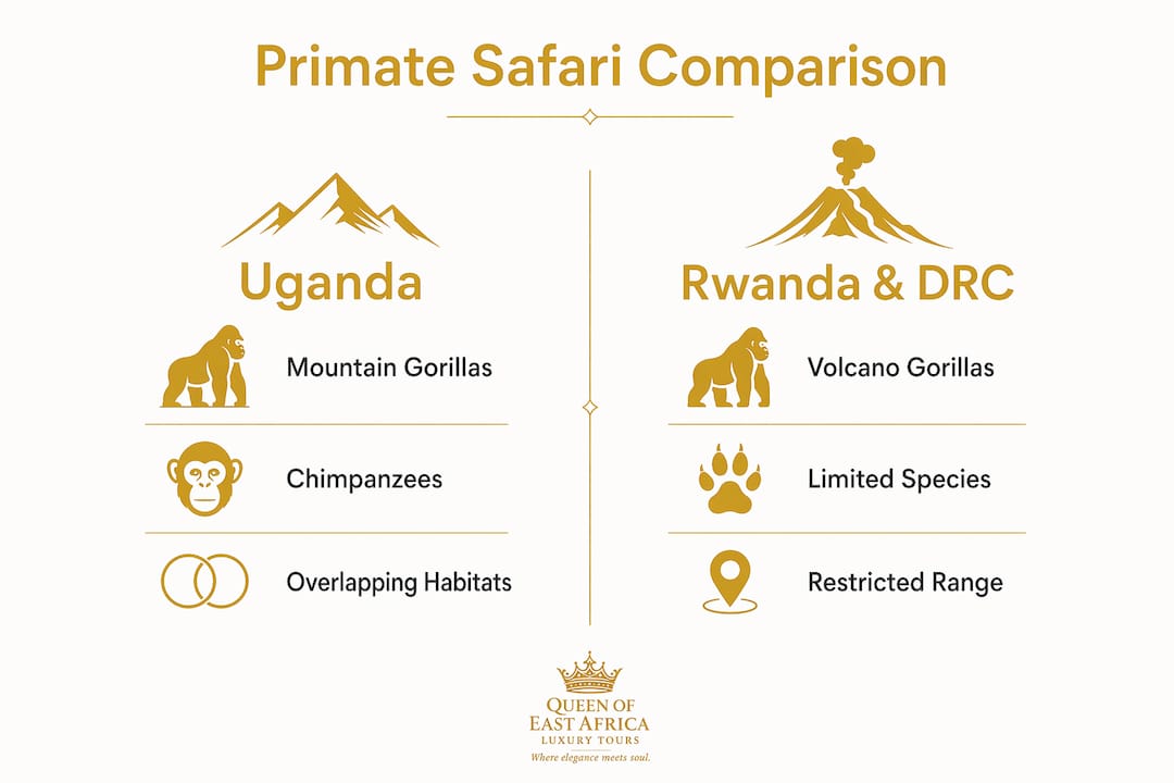 Infographic comparing Uganda primate safari features to Rwanda and DRC
