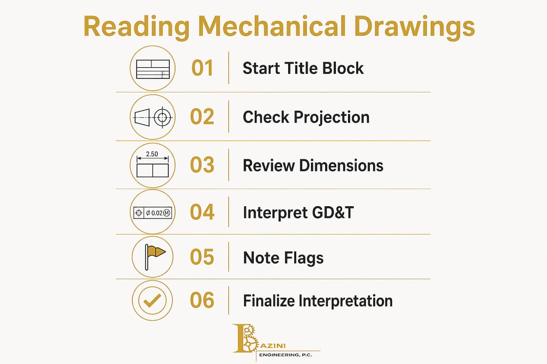 Infographic showing steps to read mechanical drawings