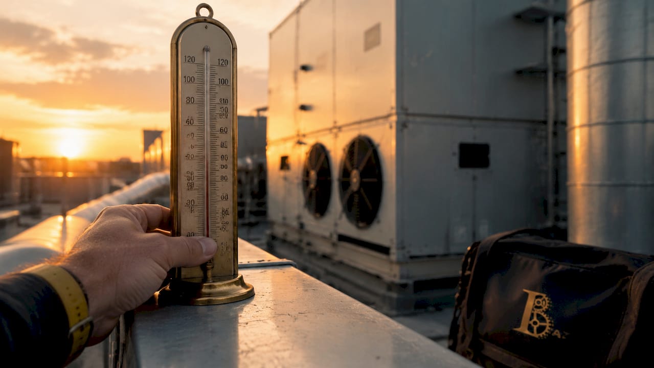 Hand holding dry-bulb thermometer near HVAC equipment