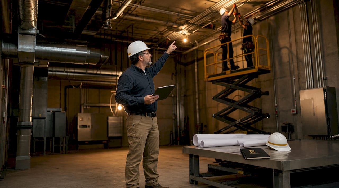Engineer reviewing mechanical room MEP installation