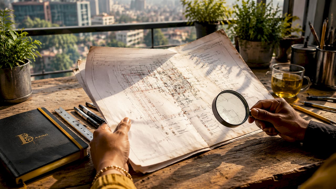 Close-up of hands examining title block with magnifier
