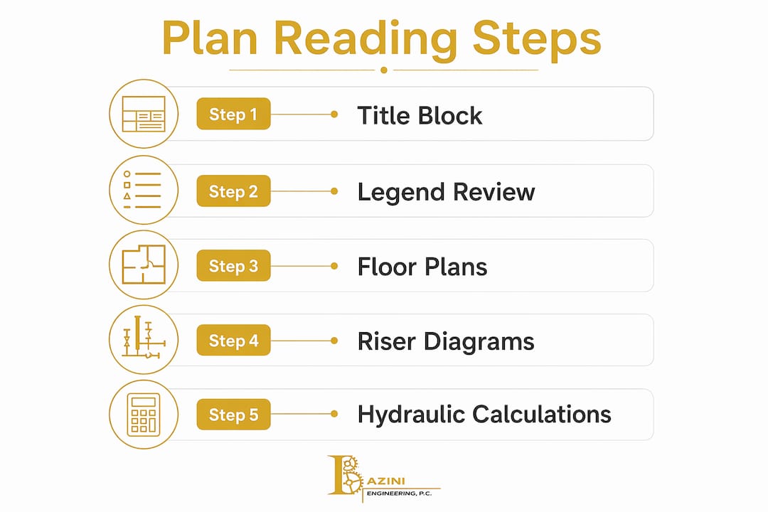 Infographic detailing steps to read fire protection plans