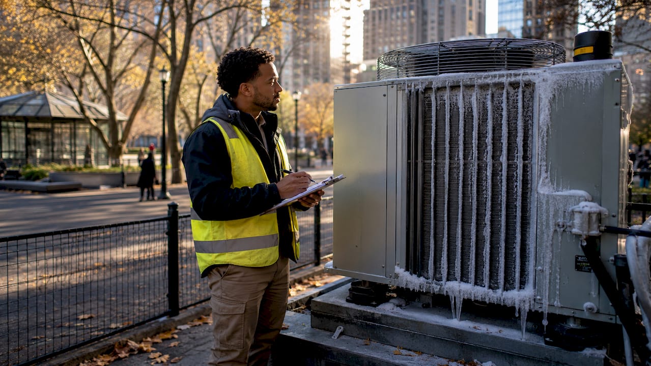 Technician inspecting oversized HVAC condenser outdoors