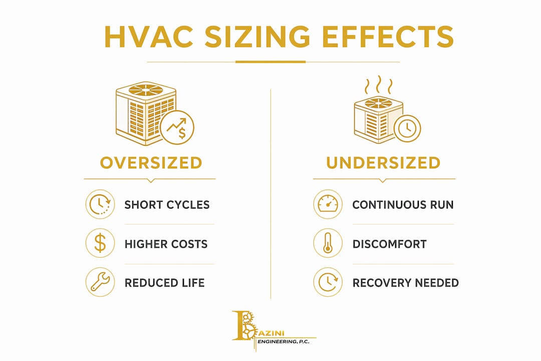 Infographic comparing oversized vs undersized HVAC system impacts