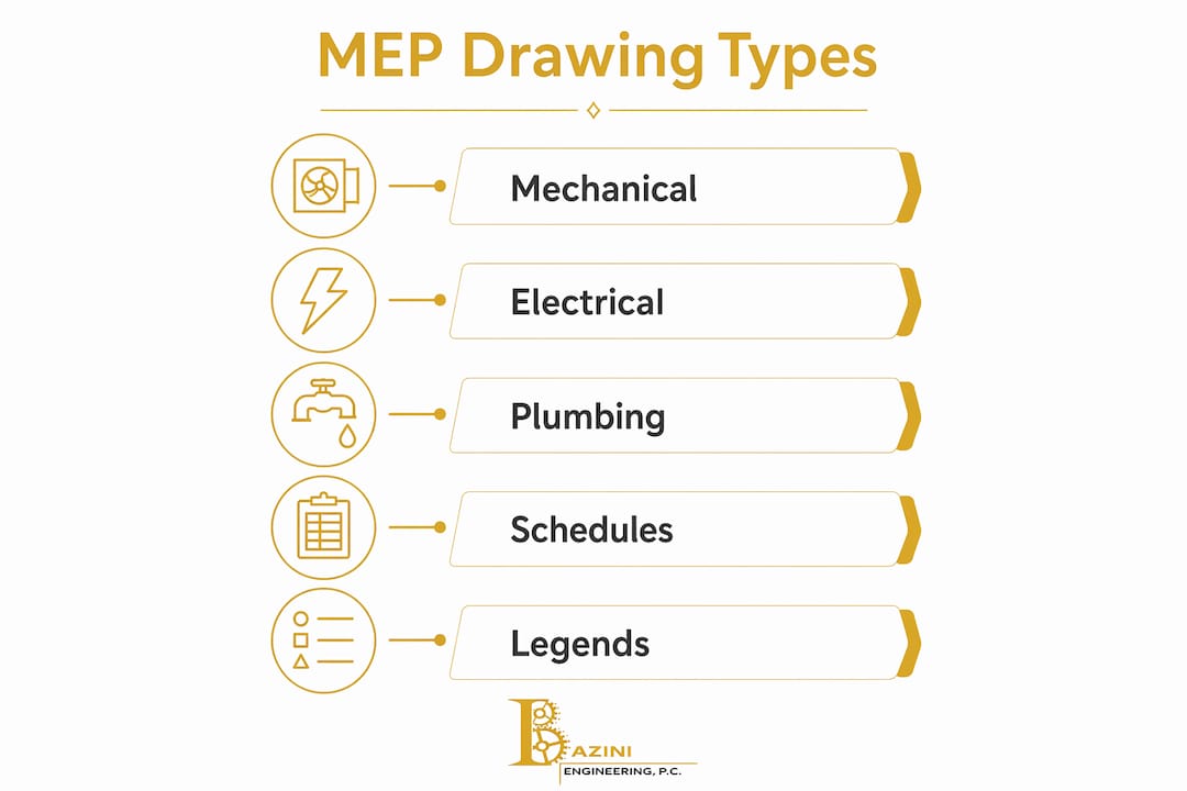 Infographic illustrating main MEP drawing types and components