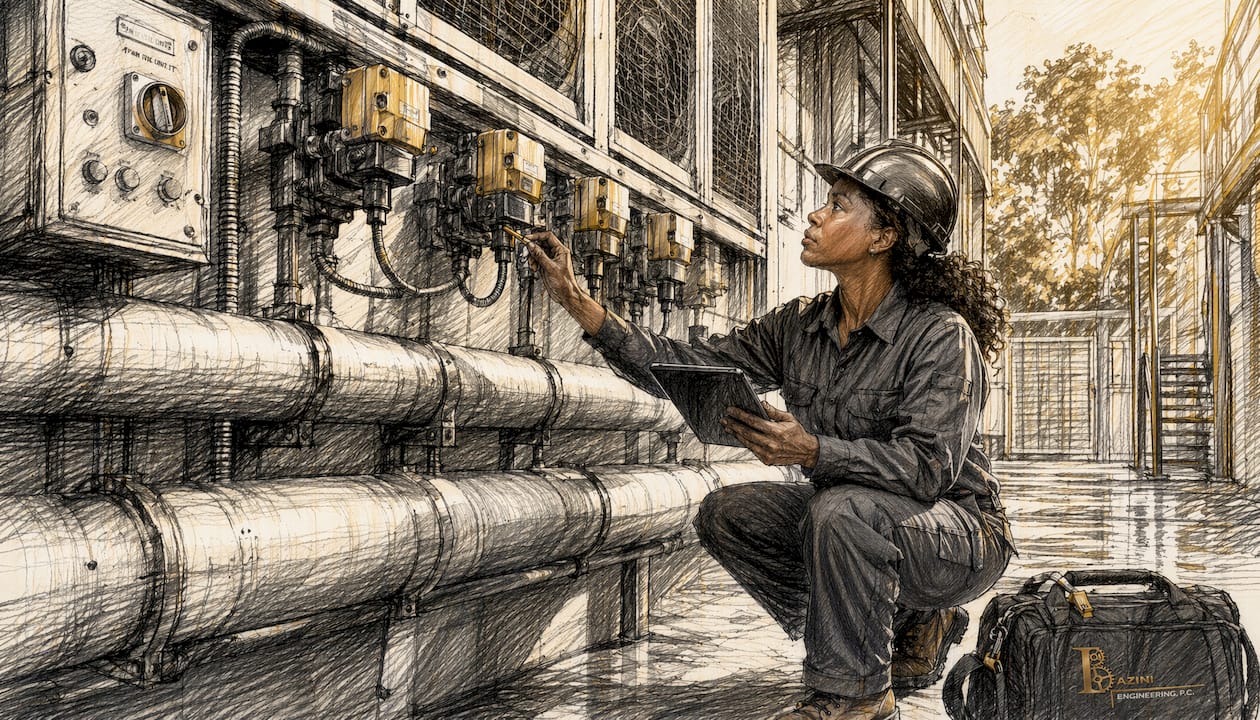 Technician inspecting four-pipe HVAC system panels