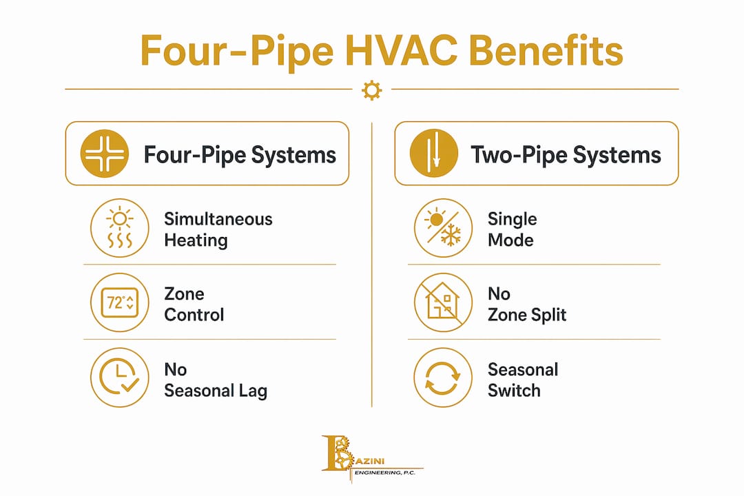 Infographic comparing four-pipe vs two-pipe HVAC advantages