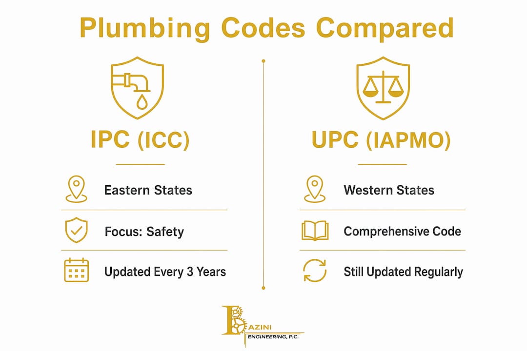 Infographic showing comparison of IPC and UPC plumbing codes
