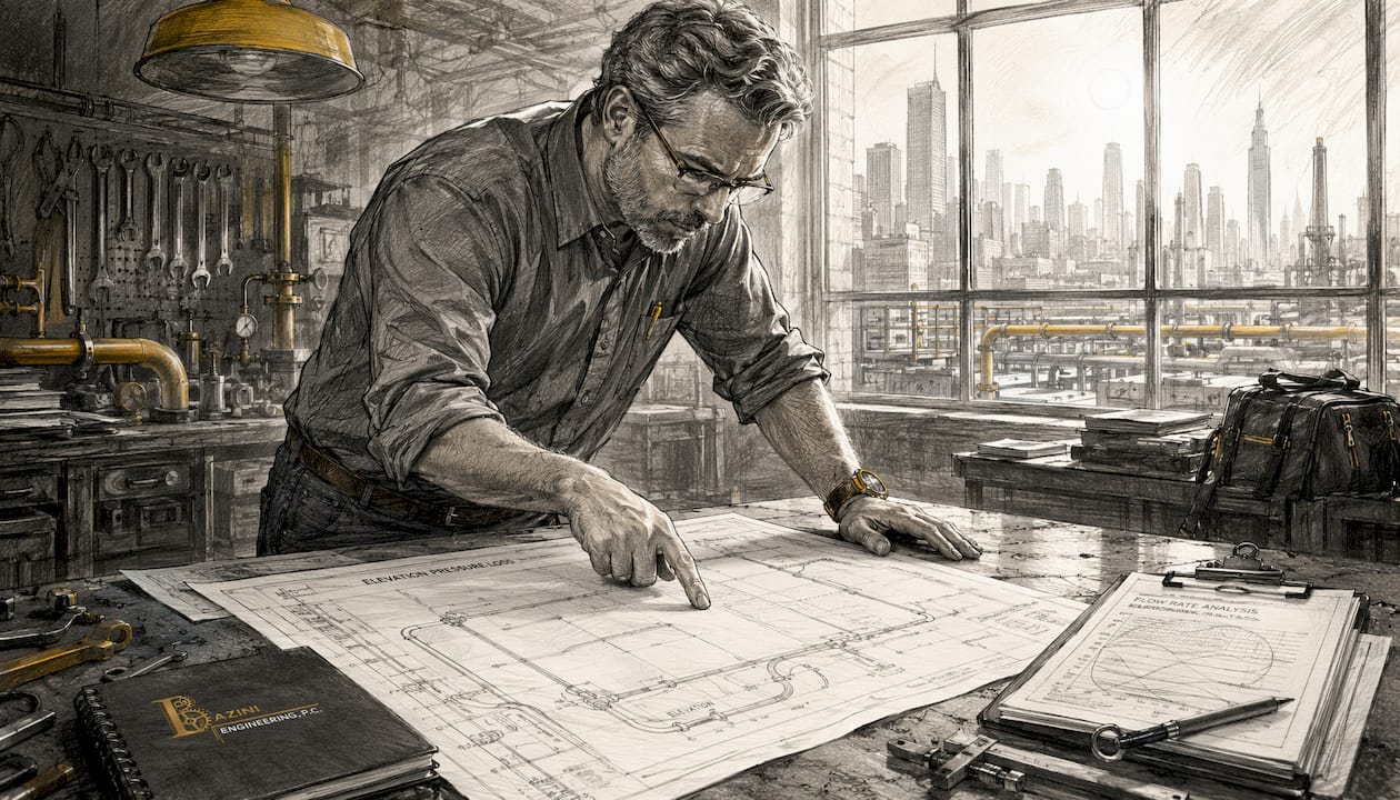 Engineer reviewing pressure loss blueprint indoors