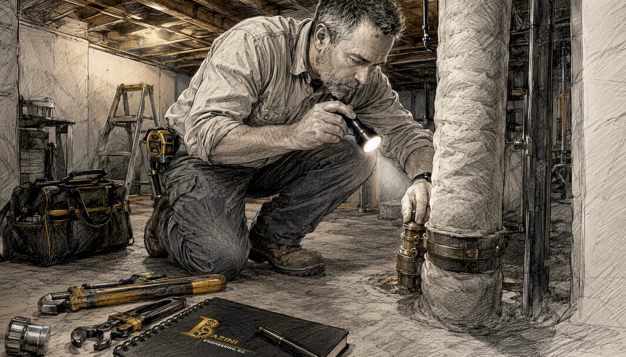 Man inspecting plumbing stack pipe in basement