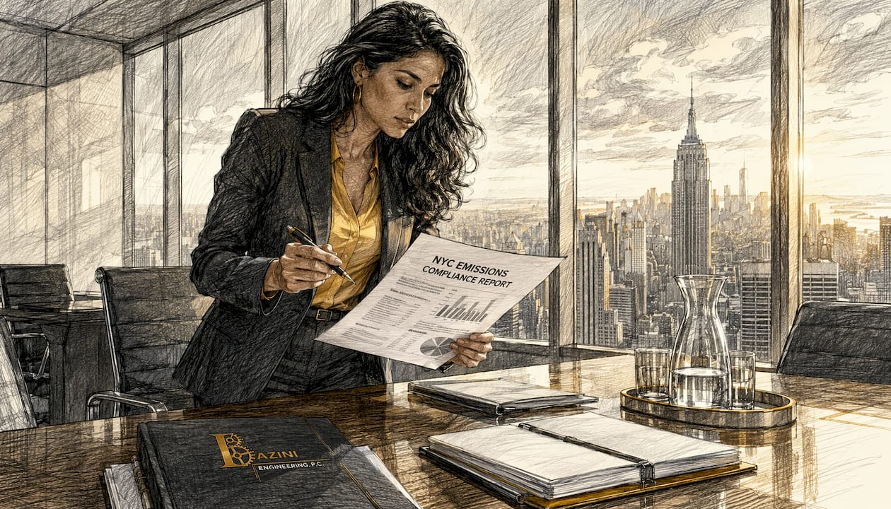 Woman reviewing emissions compliance documents at desk