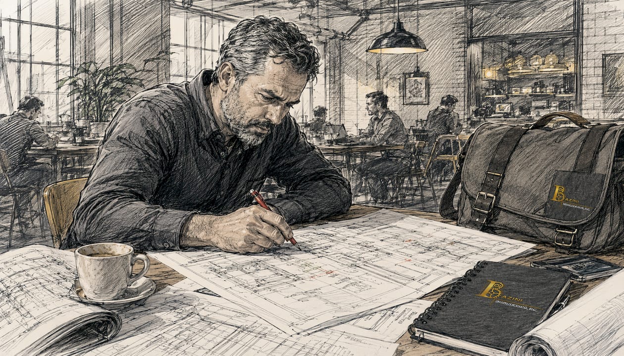 Contractor reviewing MEP drawings intently